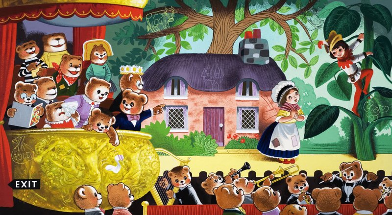Hans und die Bohnenranke, beobachtet von Teddybären von English School