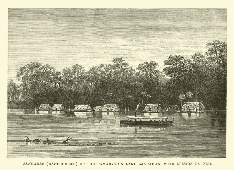 Jangadas (Floßhäuser) der Pamarys am Ajarahan-See mit Missionsboot von English School
