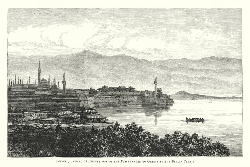 Jannina, Hauptstadt von Epirus, einer der Orte, die Griechenland durch den Berliner Vertrag abgetreten wurden (Gravur) von English School