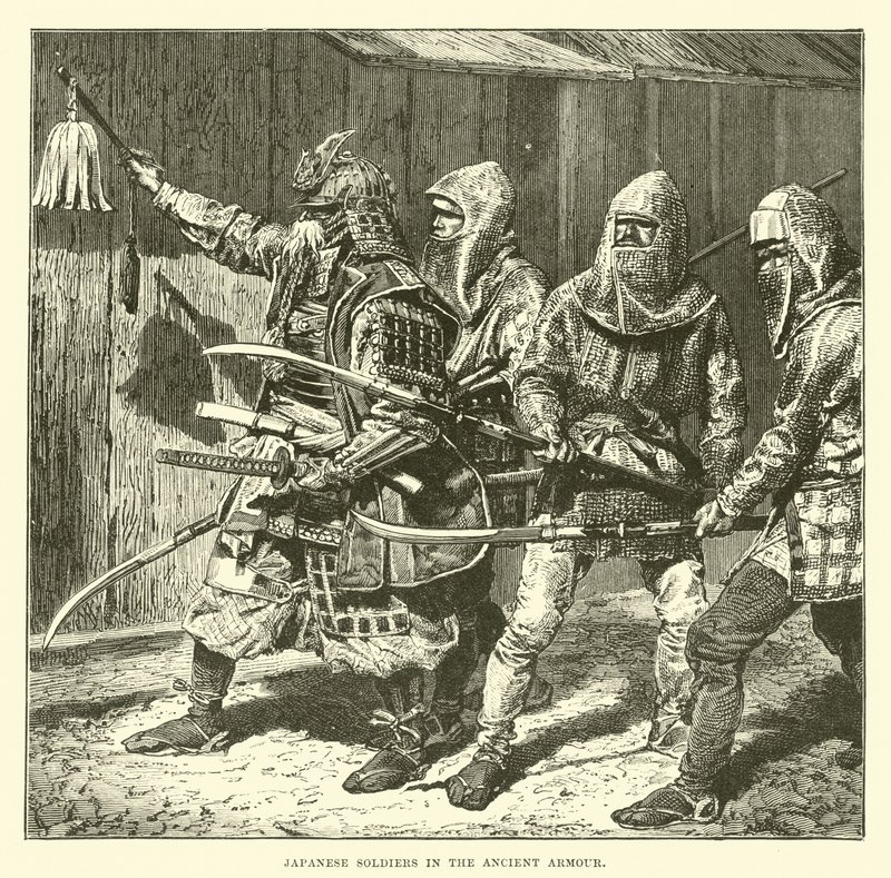 Japanische Soldaten in antiker Rüstung von English School