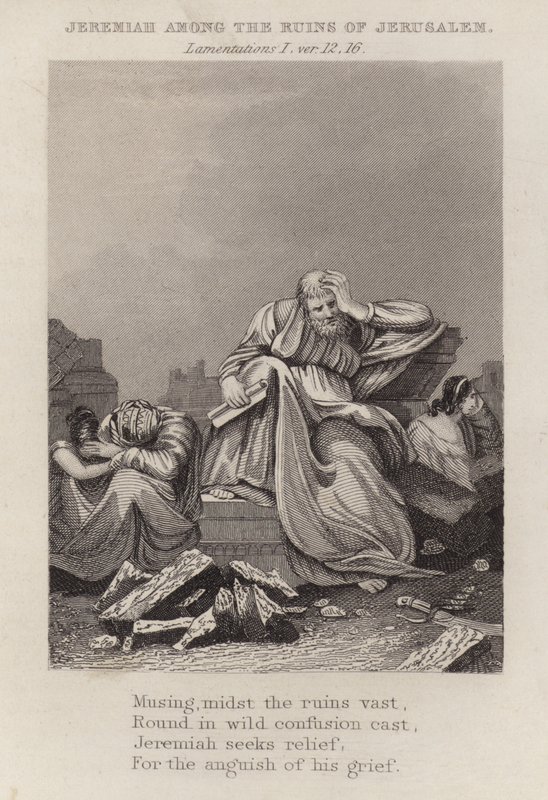 Jeremia unter den Ruinen Jerusalems, Klagelieder I, Vers 12 von English School