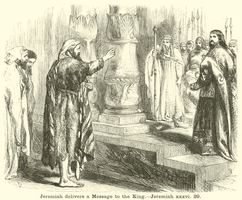 Jeremia überbringt dem König eine Botschaft, Jeremia, xxxvi, 29 von English School