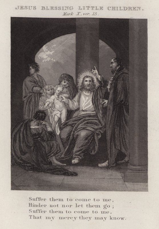 Jesus segnet kleine Kinder, Markus X, Vers 15 (Gravur) von English School