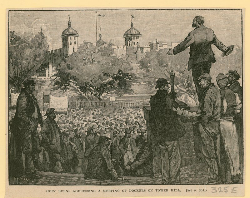 John Burns spricht zu einer Versammlung von Dockarbeitern auf Tower Hill von English School