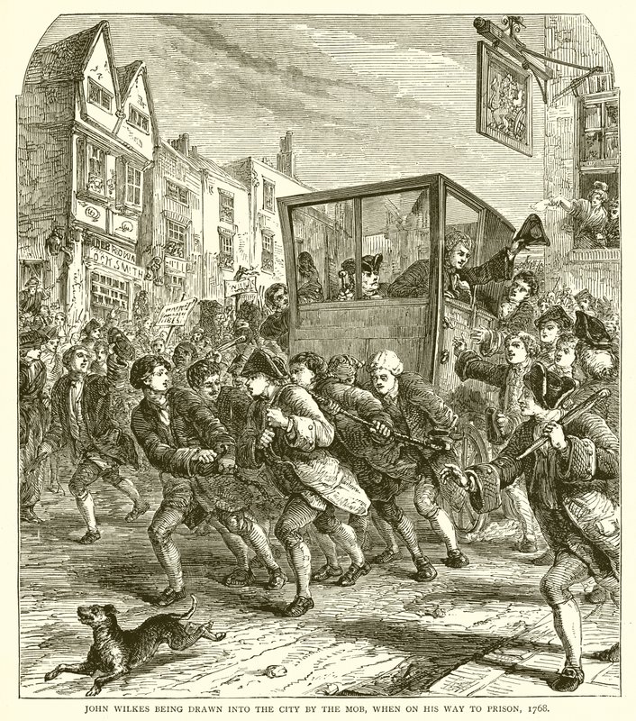 John Wilkes wird von der Menge in die Stadt gezogen, auf dem Weg ins Gefängnis, 1768 von English School