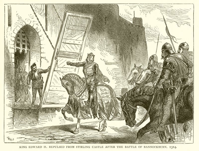 König Eduard II. wird nach der Schlacht von Bannockburn von Stirling Castle zurückgeschlagen, 1314 von English School