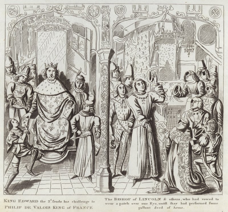 König Edward III. sendet seine Herausforderung an Philipp de Valois, König von Frankreich, den Bischof von Lincoln und andere, die geschworen hatten, ein Auge zu bedecken, bis sie eine heldenhafte Tat vollbracht haben von English School