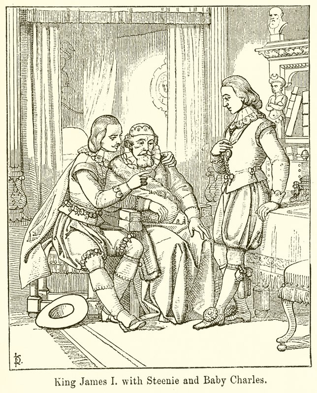 König James I. mit Steenie und Baby Charles von English School