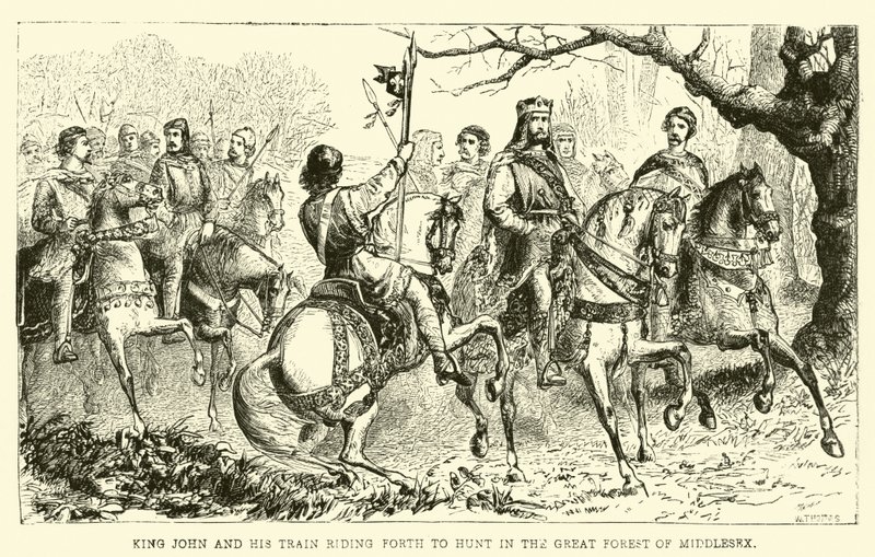 König Johann und sein Gefolge reiten zur Jagd im Großen Wald von Middlesex von English School