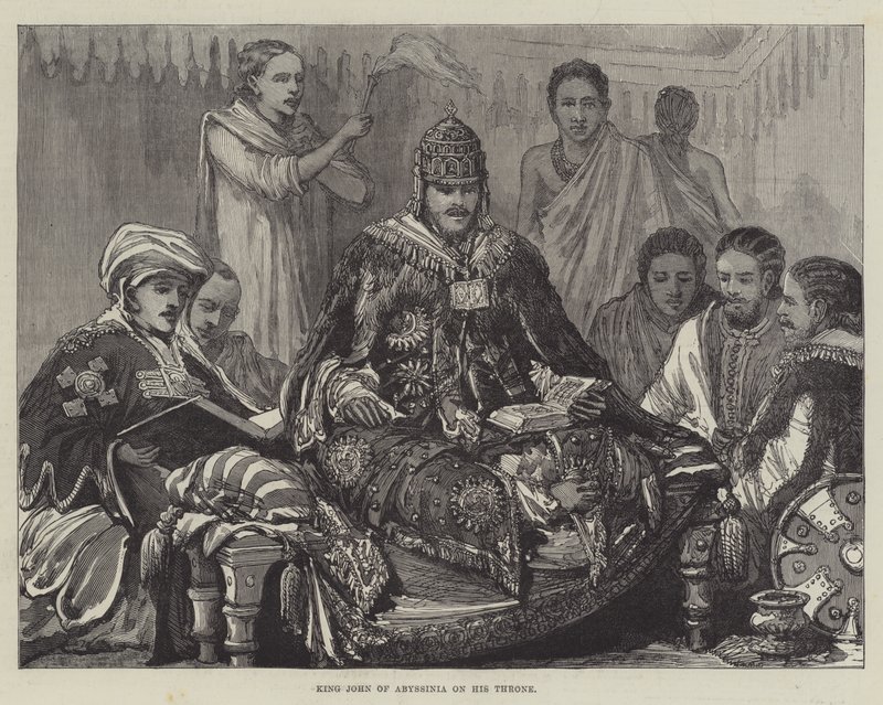 König John von Abessinien auf seinem Thron (Stich) von English School