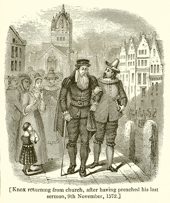 Knox kehrt von der Kirche zurück, nachdem er seine letzte Predigt gehalten hat, 9. November 1572 von English School