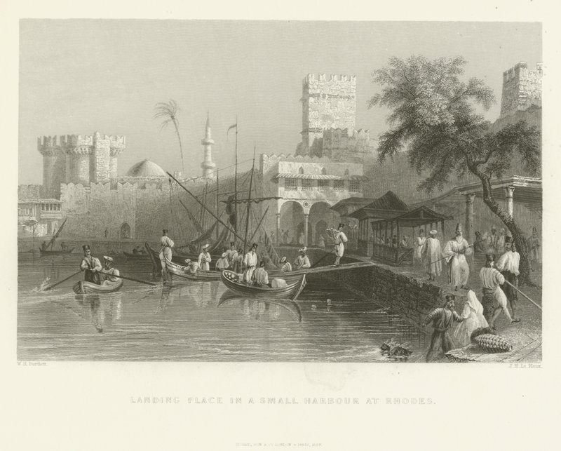 Landungsplatz in einem kleinen Hafen auf Rhodos, 1837 von English School