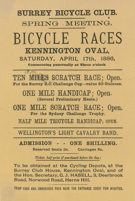 Flugblatt zur Werbung für Fahrradrennen im Kennington Oval, 17. April 1886 von English School