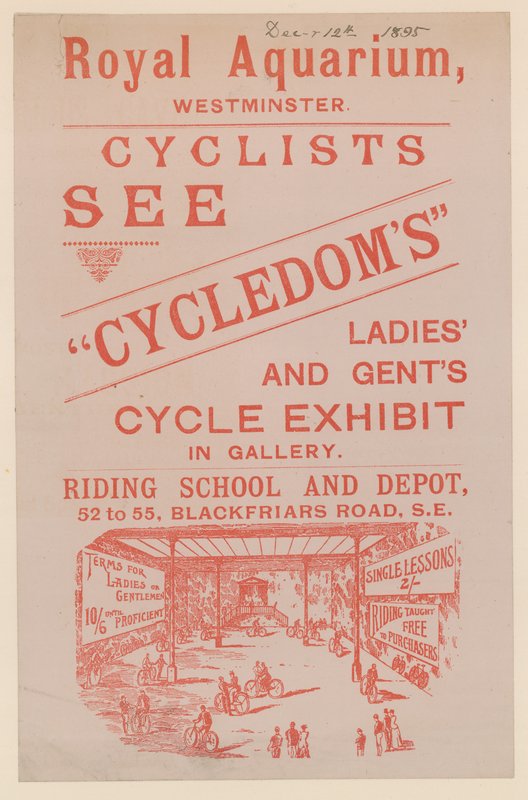 Flugblatt zur Werbung für die Cycledoms Damen- und Herrenrad-Ausstellung im Royal Aquarium von English School