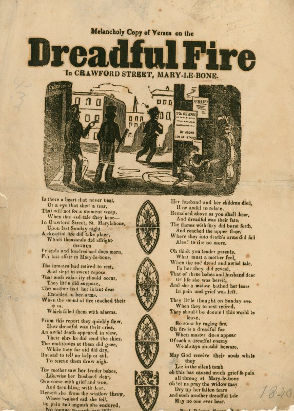 Flugblatt mit Versen zu einem Feuer in der Crawford Street, Marylebone, London von English School