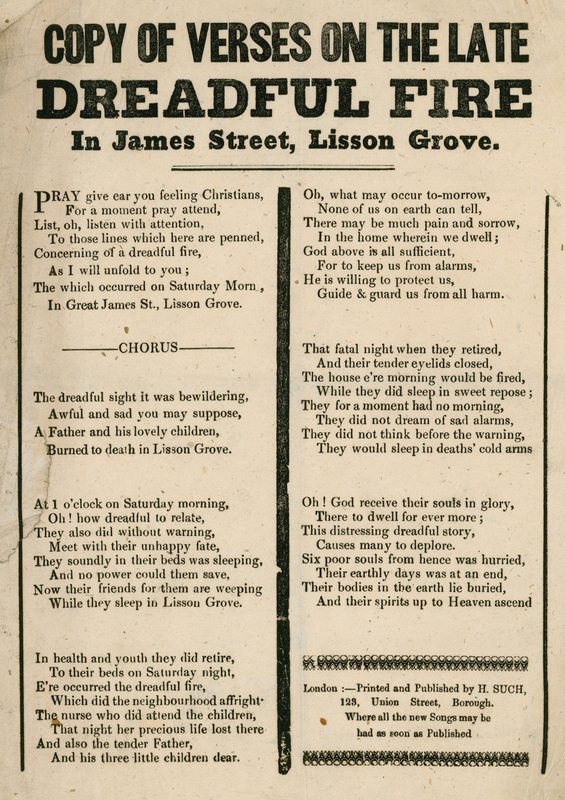 Flugblatt mit Versen zu einem Feuer in der James Street, Lisson Grove, London von English School