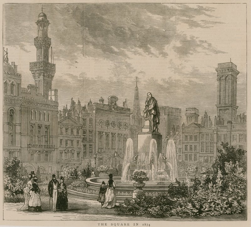 Leicester Square, London, im Jahr 1874 von English School