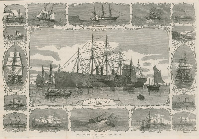 Leviathan 1858; Montage von Bildern, die den Fortschritt der Dampfnavigation zeigen von English School