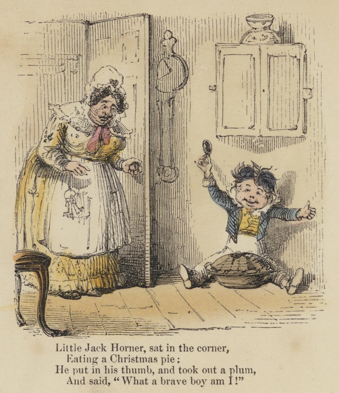 Kleiner Jack Horner, saß in der Ecke, aß einen Weihnachtspudding, er steckte seinen Daumen hinein und zog eine Pflaume heraus und sagte: "Was für ein tapferer Junge bin ich!" von English School