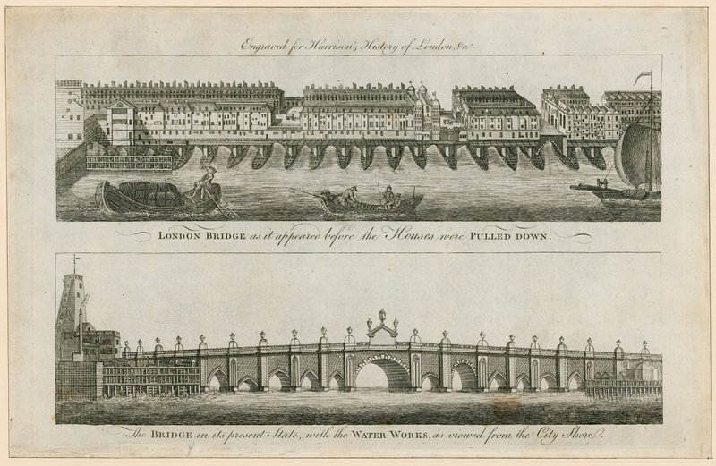 London Bridge, bevor die Häuser abgerissen wurden, und in ihrem jetzigen Zustand von English School