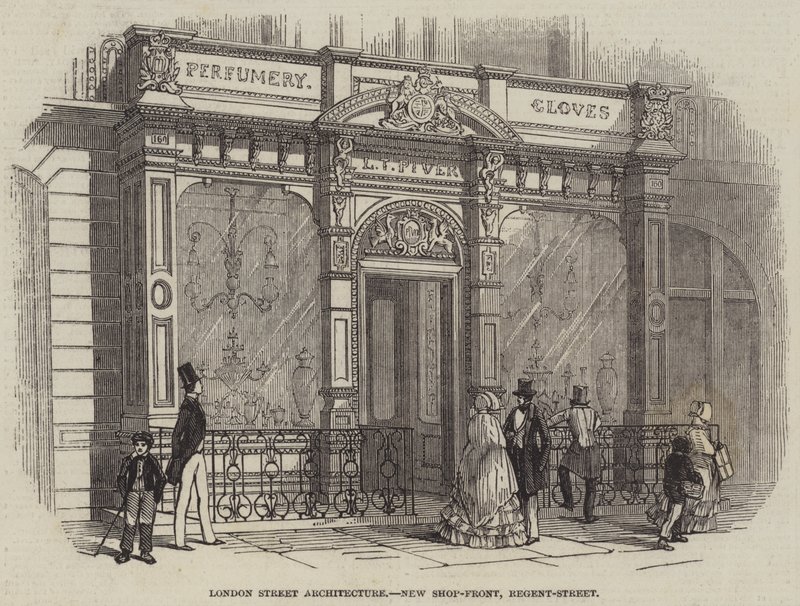 Londoner Straßenarchitektur, neue Schaufensterfront, Regent-Street (Gravur) von English School