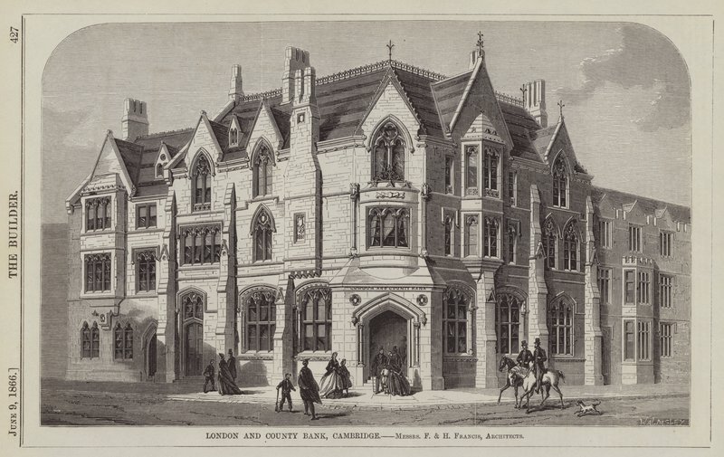 London und County Bank, Cambridge, Messrs F und H Francis, Architekten (Gravur) von English School