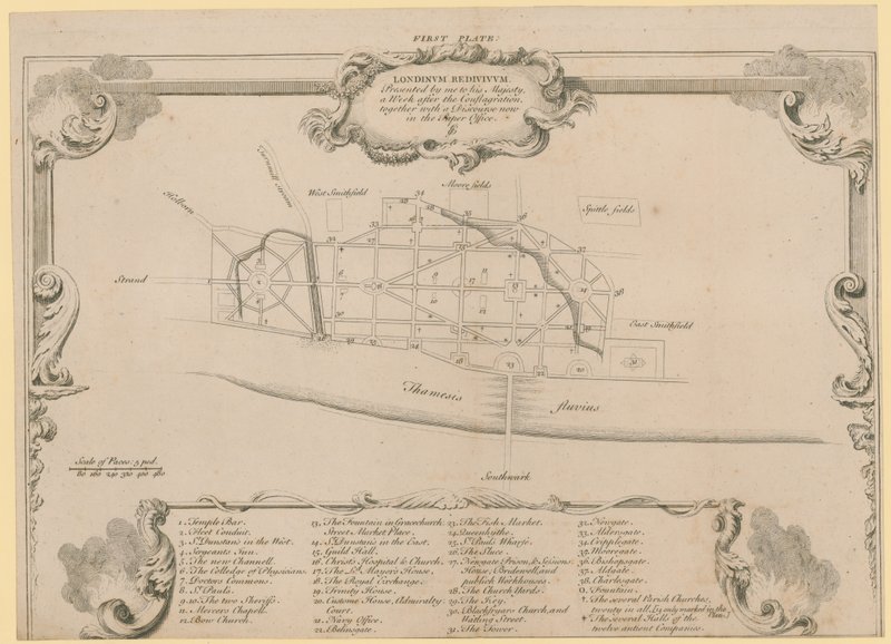 London restauriert, Sir John Evelyns Plan zum Wiederaufbau der Stadt London nach dem Brand von 1666 von English School