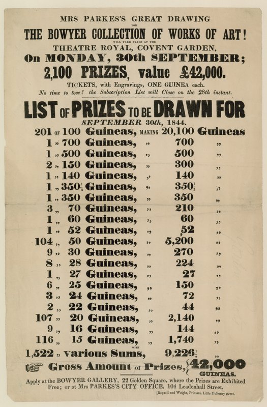 Lotterieanzeige. Die Bowyer-Sammlung von Kunstwerken von English School