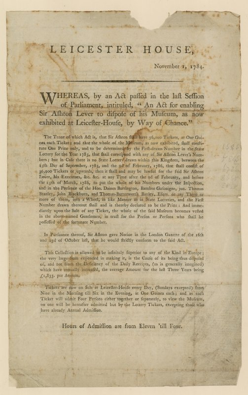 Lotterie zur Veräußerung des Sir Ashton Levers Museums, 1784 von English School