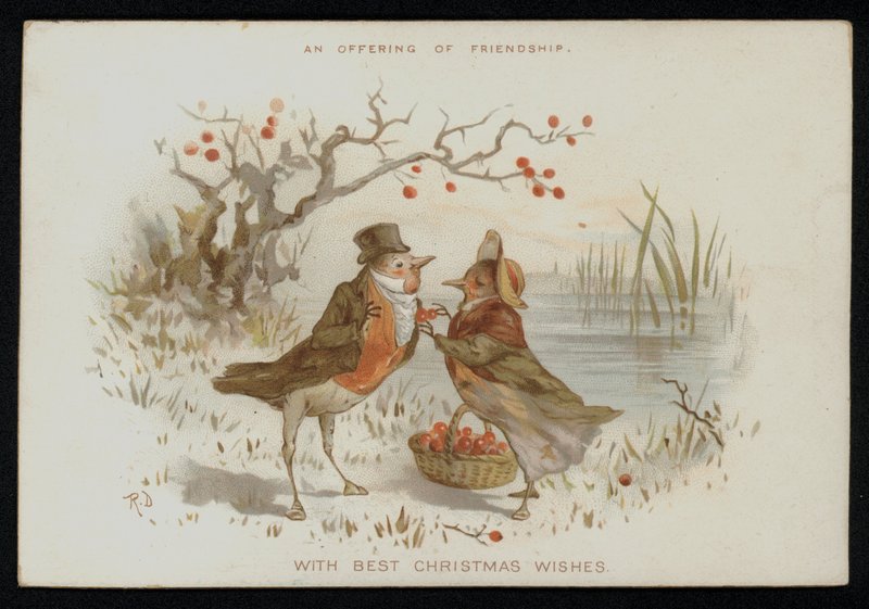 Männliche und weibliche Rotkehlchen in Kostümen. Weihnachtskarte von English School