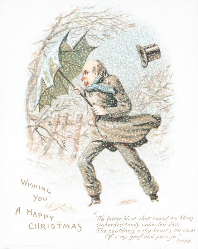 Mann geht durch Schnee im starken Wind, Weihnachtskarte von English School