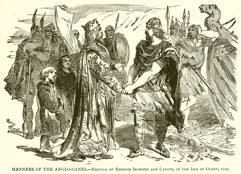 Sitten der Anglo-Dänen.--Treffen von Edmund Ironside und Knut auf der Insel Olney, 1016 von English School