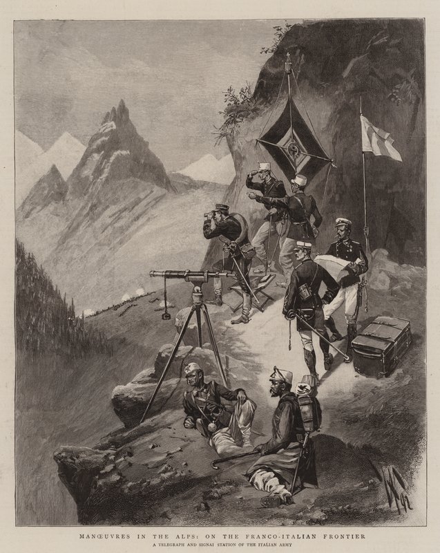Manöver in den Alpen, an der französisch-italienischen Grenze (Gravur) von English School