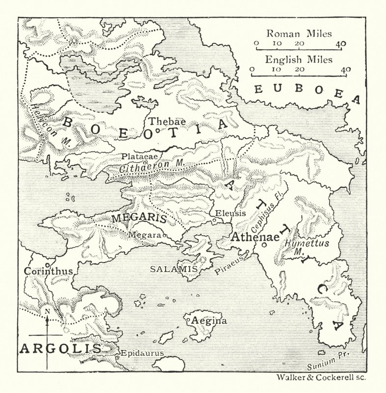 Karte einschließlich Attika, mit Salamis und Ägina, Böotien, Megaris und einem Teil von Korinthia und Argolis von English School