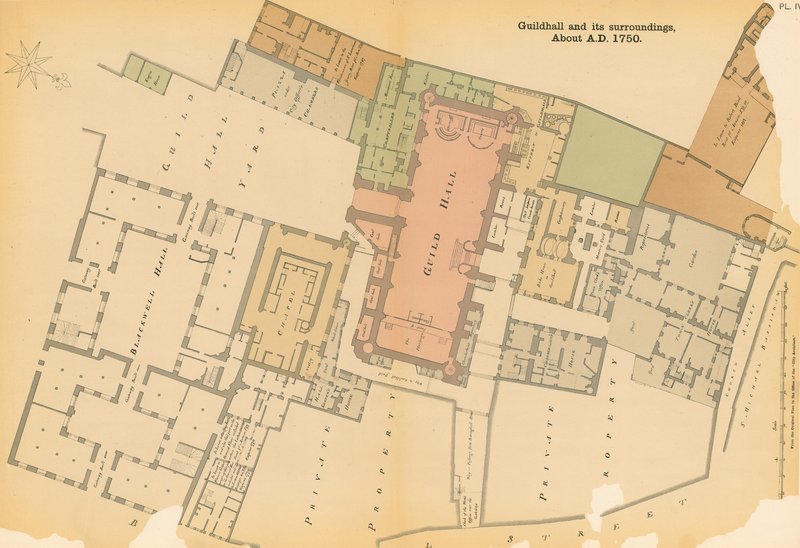 Karte der Guildhall, London, und Umgebung um 1750 von English School