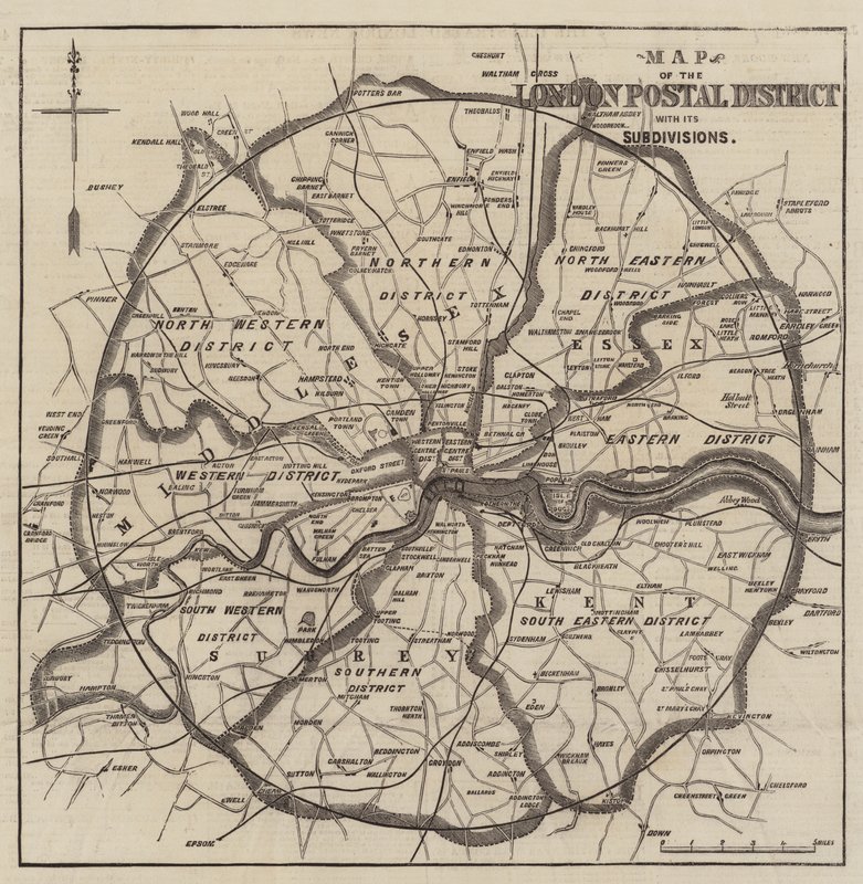 Karte der Londoner Postbezirke (Gravur) von English School