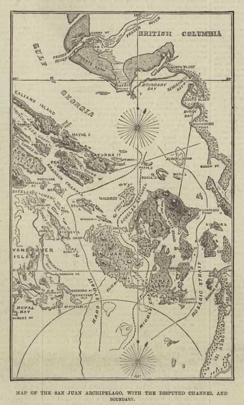Karte des San Juan Archipels mit dem umstrittenen Kanal und der Grenze (Gravur) von English School