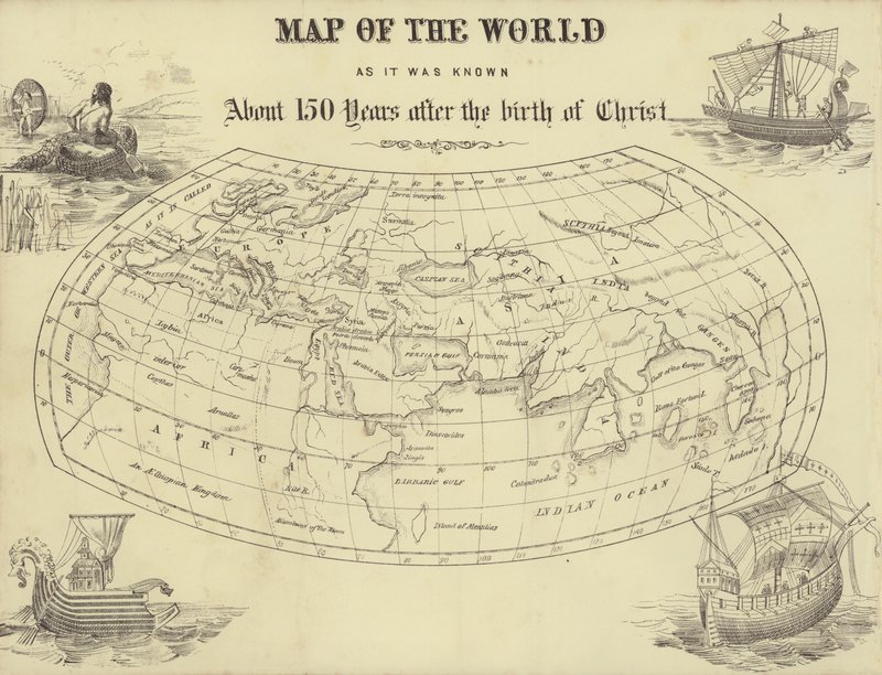Weltkarte, wie sie etwa 150 Jahre nach Christi Geburt bekannt war (Stich) von English School