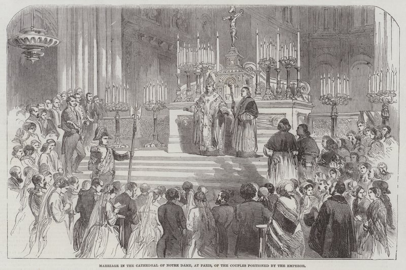 Hochzeit in der Kathedrale Notre Dame in Paris der vom Kaiser beschenkten Paare von English School