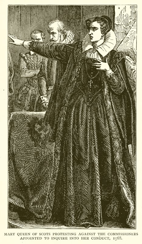Maria Stuart protestiert gegen die Kommissare, die mit der Untersuchung ihres Verhaltens beauftragt wurden, 1568 von English School