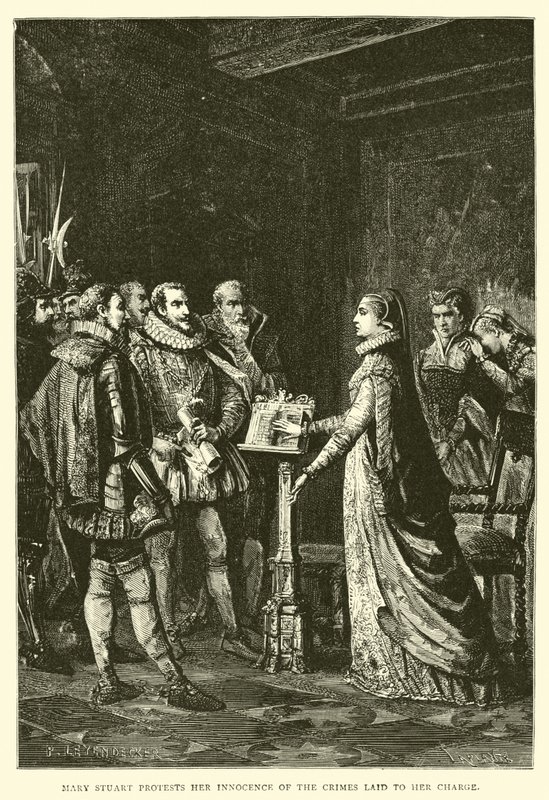 Maria Stuart protestiert ihre Unschuld an den ihr vorgeworfenen Verbrechen von English School