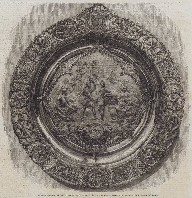 Freimaurerschild, präsentiert an General Ramsay, Provinzial-Großmeister von Bengalen (Stich) von English School