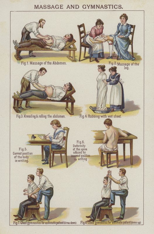 Massage und Gymnastik (Farblithografie) von English School