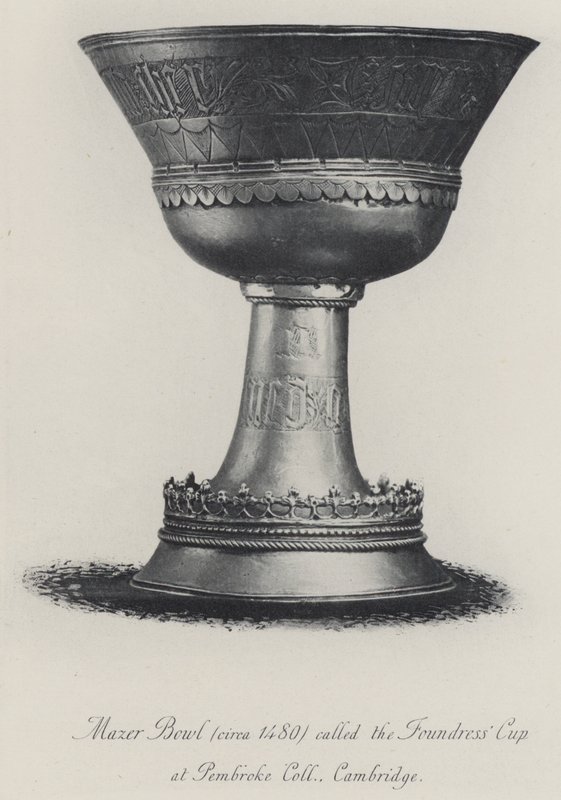Mazer-Schale (um 1480) genannt der Stifterbecher im Pembroke College Cambridge (Gravur) von English School