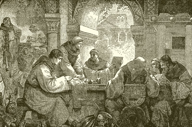 Mittelalterliche Kultur - Mönche in einem Kloster beim Illuminieren und Abschreiben von Büchern von English School