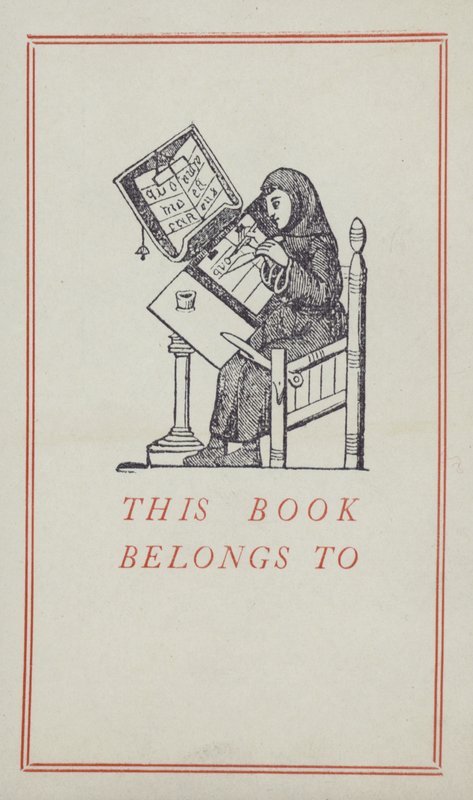 Mittelalterlicher Schreiber bei der Arbeit an einem Manuskript, Bucheigentumslabel von English School