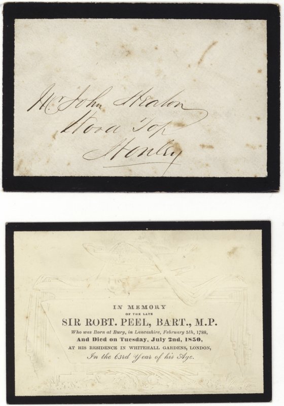 Gedenkkarte zum Andenken an den verstorbenen Sir Robert Peel von English School