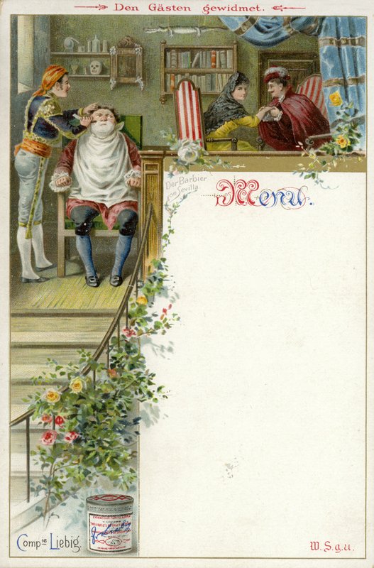 Menü mit einer Szene aus Der Barbier von Sevilla und einer Werbung für Liebigs Fleischextrakt von English School