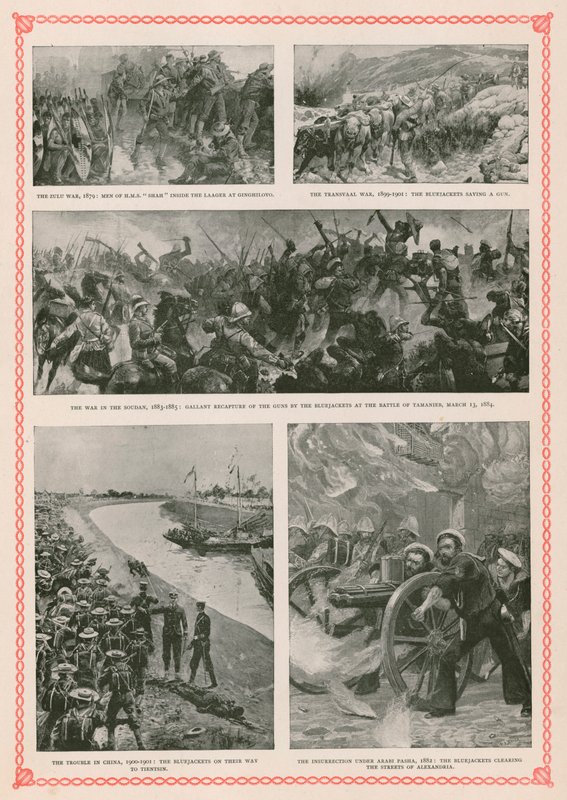 Militärische Aktionen mit britischen Seeleuten während der Regierungszeit von Königin Victoria: der Zulukrieg, der Burenkrieg, der Mahdi-Aufstand im Sudan, der Boxeraufstand und der Anglo-Ägyptische Krieg von English School
