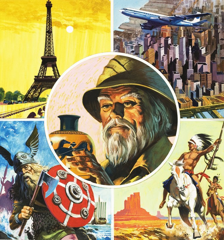 Montage mit Eiffelturm, Flugzeug, Wikingerkrieger, Indianer und Archäologe von English School